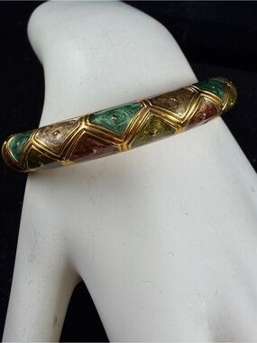 Joan Rivers Gold-Tone Chevron Enamel Bangle Bracelet in Green, Brown and Olive
